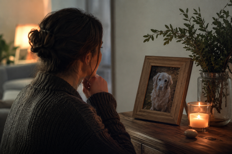 Personne regardant la photo de son chien disparu et continuant à lui parler après son décès.