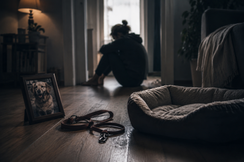 Personne triste après la perte de son chien dans une maison silencieuse