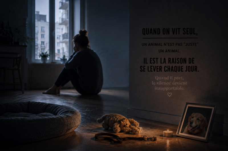 Personne seule dans un appartement après la perte de son chien avec une ambiance de solitude et de deuil animal
