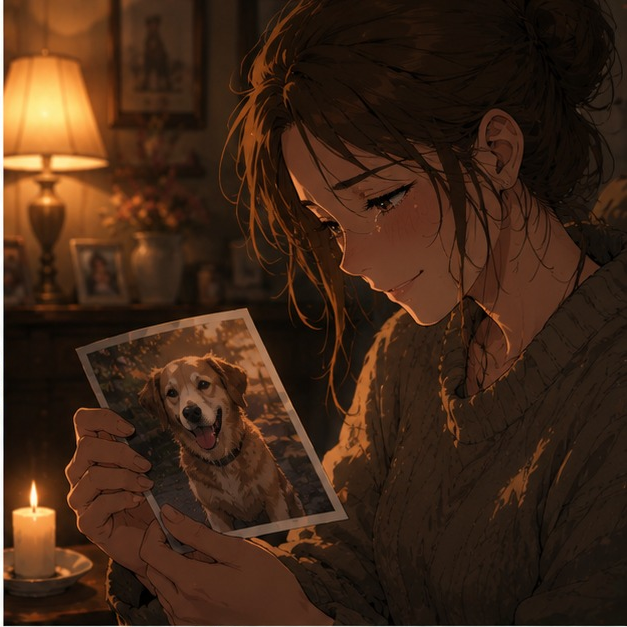 Une femme tient dans ses mains une vieille photographie de sa chienne en souriant avec émotion, symbole de la mémoire et du deuil animal.
