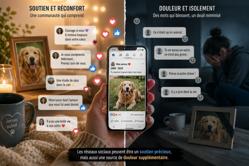 Illustration représentant les avantages et les risques des réseaux sociaux pendant le deuil animal, entre soutien émotionnel et souffrance.