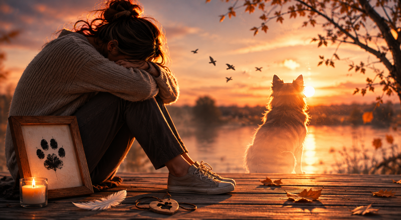 Une image émotionnelle illustrant la douleur du deuil animal et le sentiment de solitude après la perte d’un compagnon de vie.