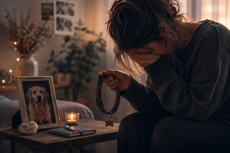 Une personne bouleversée tient le collier de son chien disparu, illustrant le deuil animal et les anciens traumatismes émotionnels qui peuvent être réveillés après une perte.