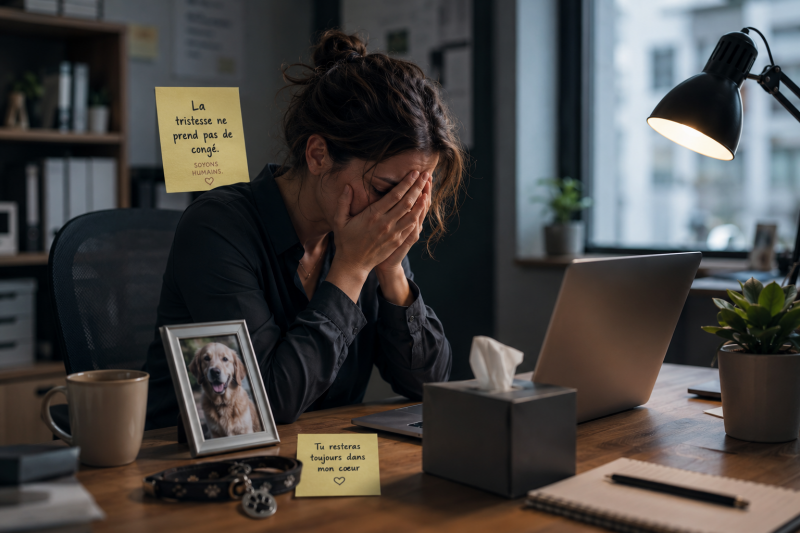 Femme en souffrance émotionnelle au travail après la perte de son chien