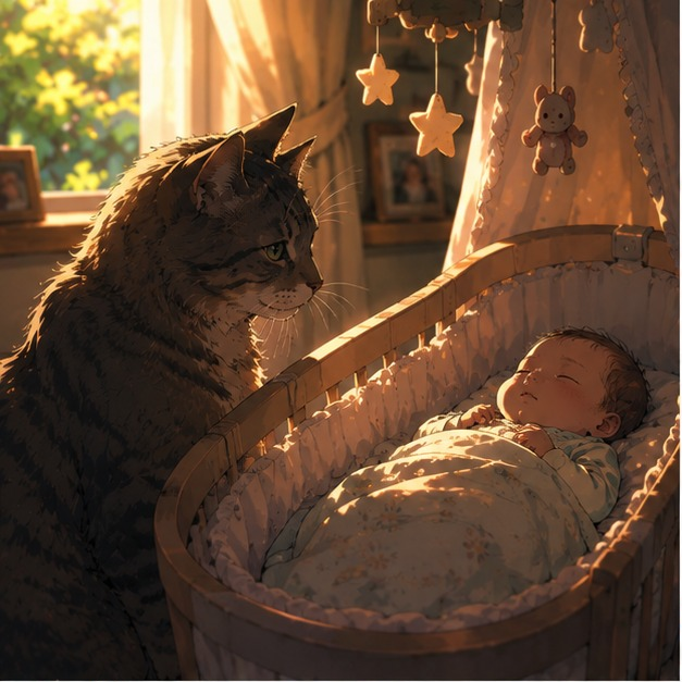 Un vieux chat observe paisiblement un nouveau-né dans son berceau, illustrant le lien unique entre un chat et toute une famille.