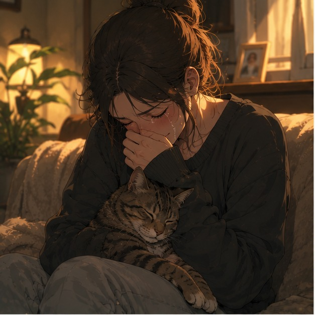 Un chat tigré est couché sur les genoux d'une femme en larmes, illustrant le lien réconfortant entre un chat et son humaine.