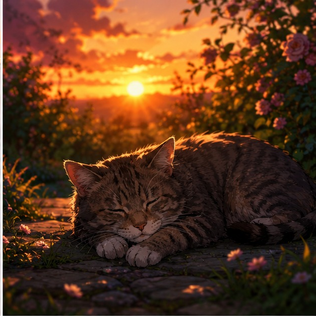 Un vieux chat allongé paisiblement dans un jardin au coucher du soleil, symbole de la fin de vie et du deuil d'un chat.