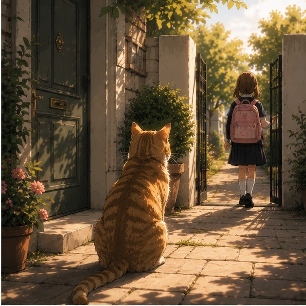 Un chat roux attend devant la porte d'entrée d'une maison le retour d'une écolière avec son cartable.