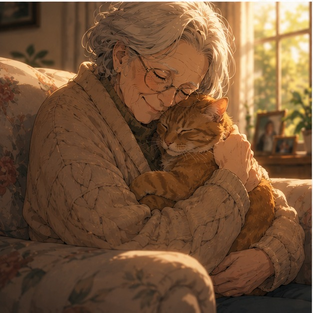 Une femme âgée enlace un vieux chat roux adopté en refuge, illustrant le lien profond qui peut naître même après une adoption tardive.