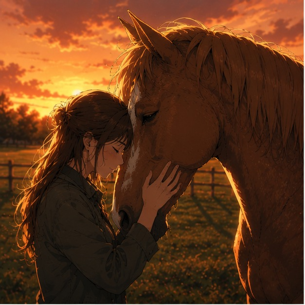 Une femme enlace un vieux cheval alezan dans un pré au coucher du soleil, illustrant le lien profond créé après son sauvetage.
