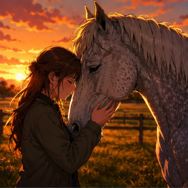 Femme tenant la tête de son vieux cheval dans un pré au coucher du soleil, symbole du deuil d'un cheval et de leur dernier moment ensemble.