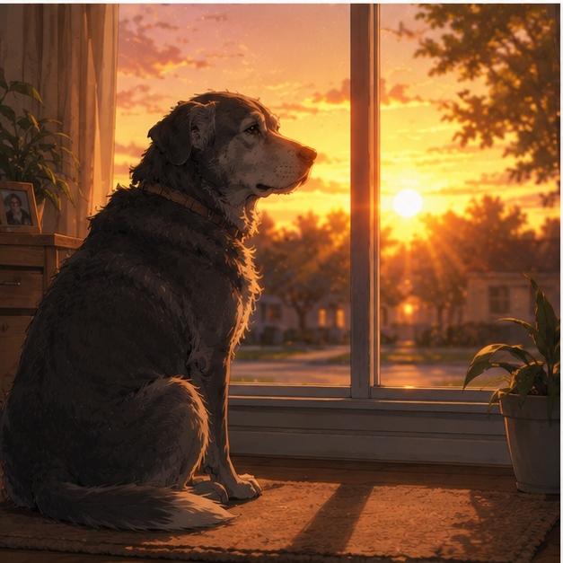 Un chien âgé assis devant une fenêtre au coucher du soleil, attendant le retour de son maître, symbole du lien profond entre un chien et son humain.