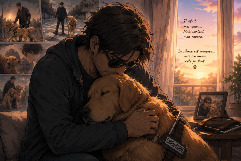 Illustration manga d'un homme en deuil serrant son Golden Retriever chien-guide dans ses bras, symbole du lien unique qui les unissait.