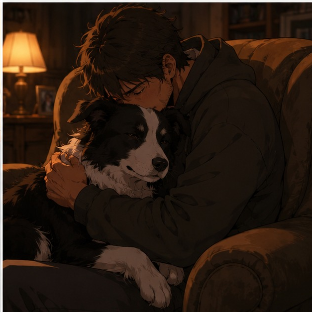 Un homme assis dans un fauteuil enlace son chien qui ne faisait confiance qu'à lui, illustrant le lien unique entre un maître et son compagnon.