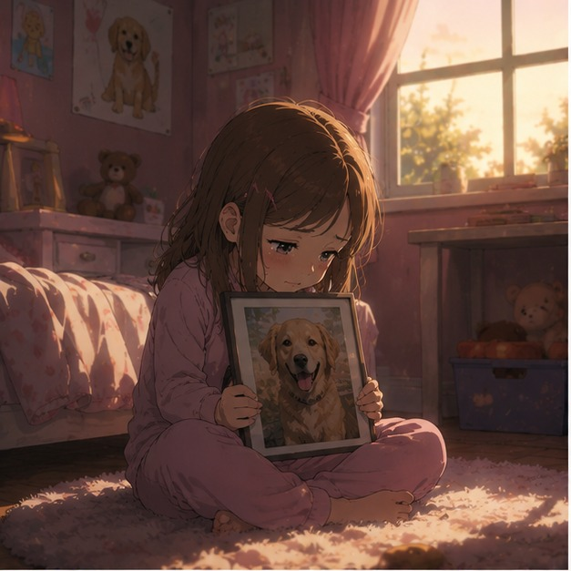 Une petite fille tient la photo de son chien disparu assise sur le tapis de sa chambre, illustrant le premier deuil animal vécu pendant l'enfance.