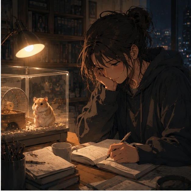 Une étudiante travaille tard le soir pendant que son hamster l'observe depuis son terrarium, illustrant le lien affectif entre un hamster et son humaine.