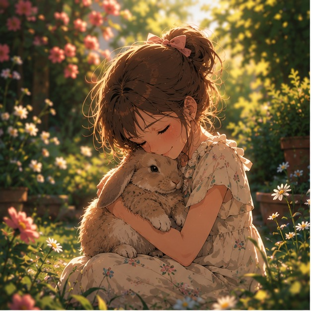 Une petite fille serre tendrement son lapin dans ses bras dans un jardin, illustrant le lien unique entre un enfant et son animal de compagnie.