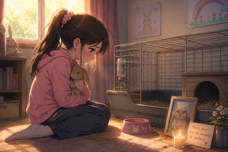 Petite fille triste après la perte de son lapin assise devant un enclos vide