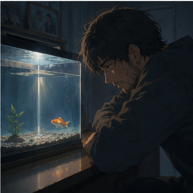 Un homme observe un aquarium désormais presque vide où nage le dernier poisson d'une longue histoire familiale.