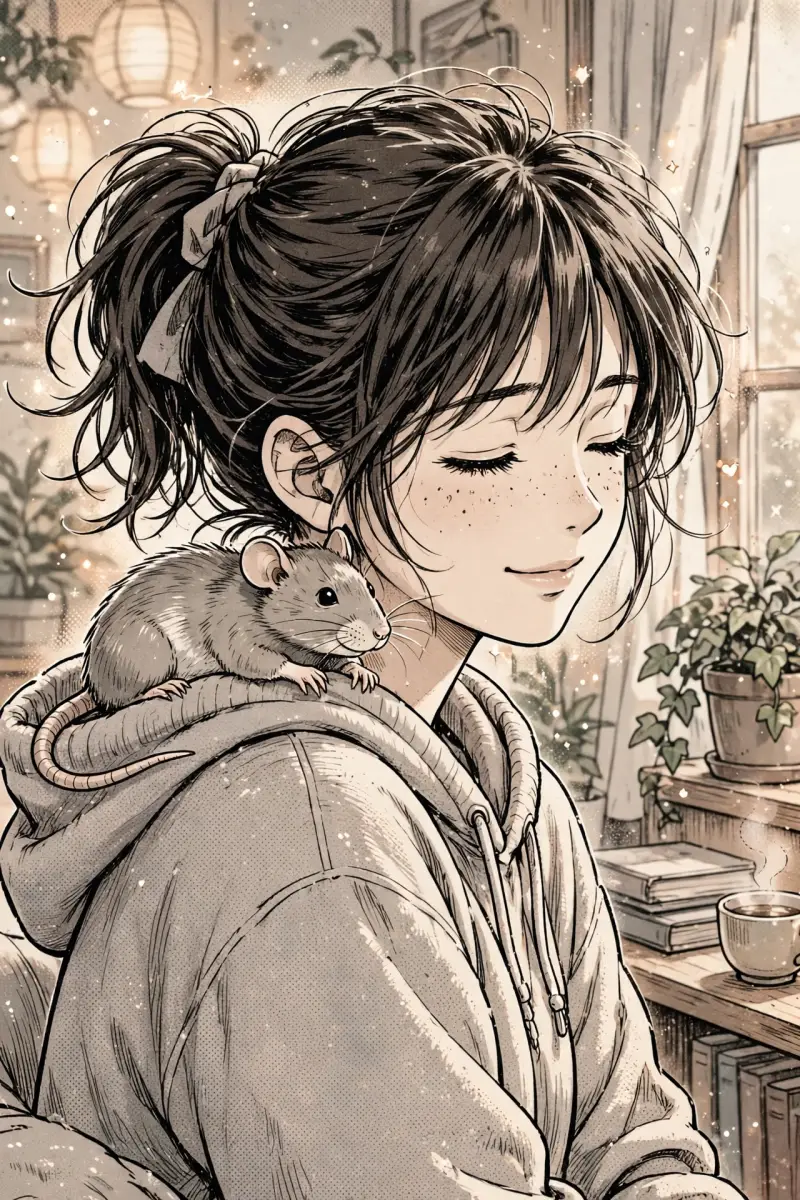 Un rat domestique est installé sur l'épaule de son propriétaire, illustrant la complicité qui peut naître entre un humain et ce petit compagnon.