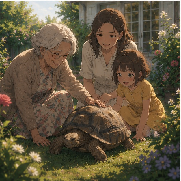 Une vieille tortue terrestre avance lentement dans un jardin entourée d'une grand-mère, d'une mère et d'un enfant, symbole d'un animal ayant accompagné plusieurs générations.