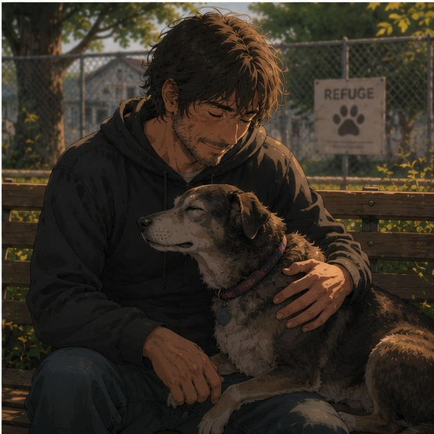 Un vieux chien croisé repose paisiblement contre son propriétaire sur un banc en bois dans un refuge, quelques semaines après son adoption.