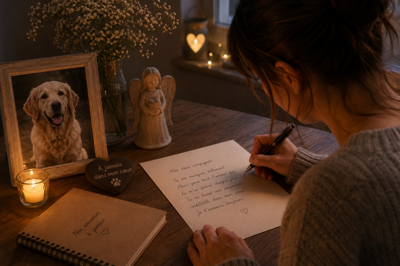 Une personne écrit une lettre à son chien disparu à la lumière d'une bougie, un rituel symbolique pour exprimer ses émotions et traverser le deuil animal.