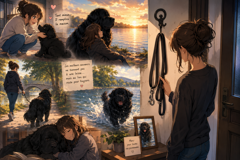 Illustration manga d'Éloïse regardant la laisse de son Terre-Neuve disparu, symbole du deuil d'un chien et du lien qui perdure après sa disparition.