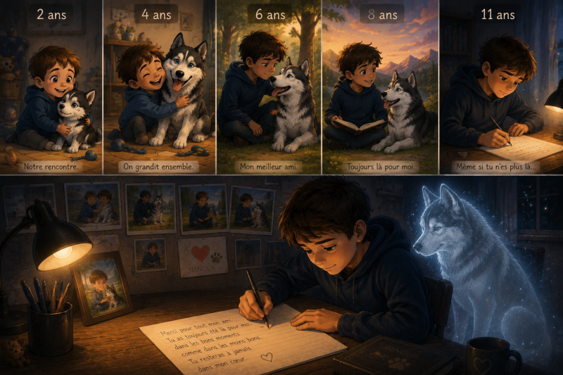 Enfant de 11 ans écrivant une lettre à son Husky disparu après avoir grandi avec lui depuis l'âge de 2 ans, illustration émouvante sur le deuil animal.