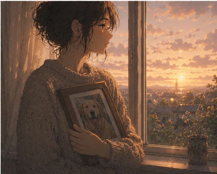 Une personne tient le portrait de son chien contre elle, le regard tourné vers l'extérieur.