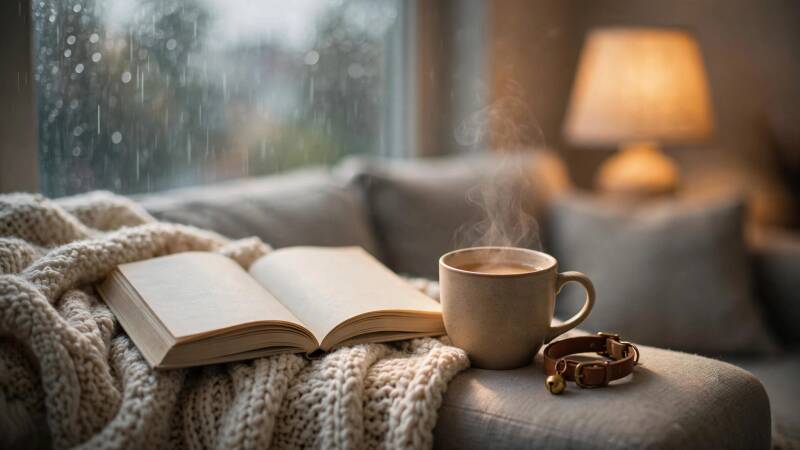 Livre ouvert sur un plaid avec une tasse de thé et un collier de chat, lecture pendant le deuil animal