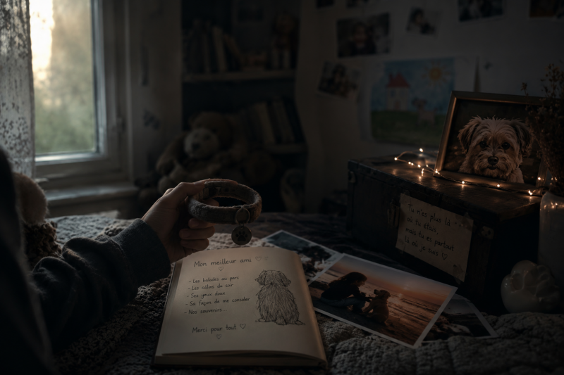 Jeune adulte tenant le collier de son chien ou chat d’enfance disparu devant des souvenirs et des photos dans une chambre nostalgique
