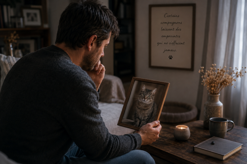 Homme regardant une photo de son chat disparu dans une pièce calme après un deuil animal.