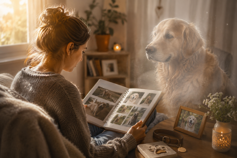 Personne regardant un album photo de son chien décédé, illustrant la peur d'oublier son animal et les souvenirs liés au deuil animal.