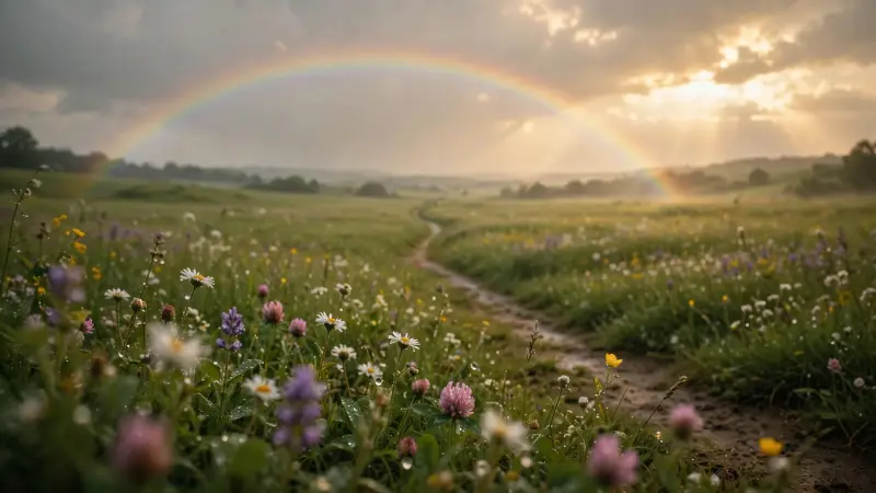 Arc-en-ciel au-dessus d'une prairie verte après la pluie, symbole du Pont de l'Arc-en-ciel pour les animaux