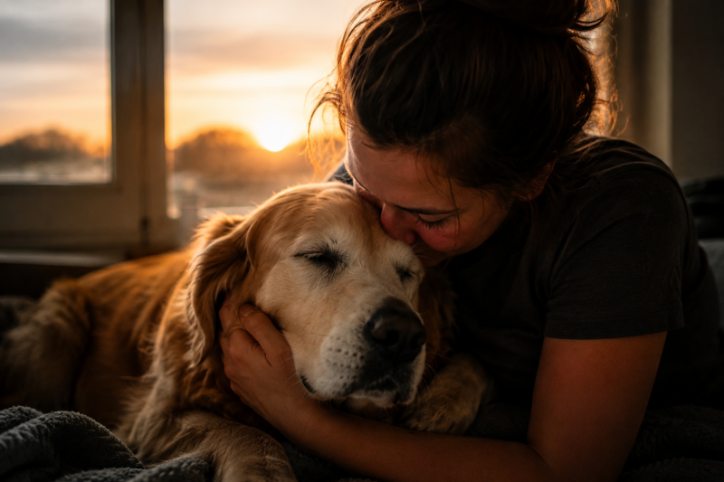 Femme serrant tendrement son vieux chien dans une ambiance émotionnelle et chaleureuse au coucher du soleil