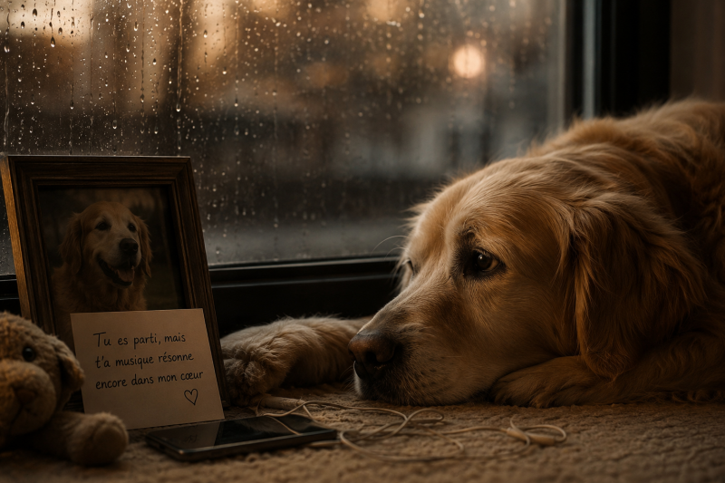 Chien allongé près d'une fenêtre sous la pluie, symbole du deuil animal et des souvenirs réveillés par une chanson.