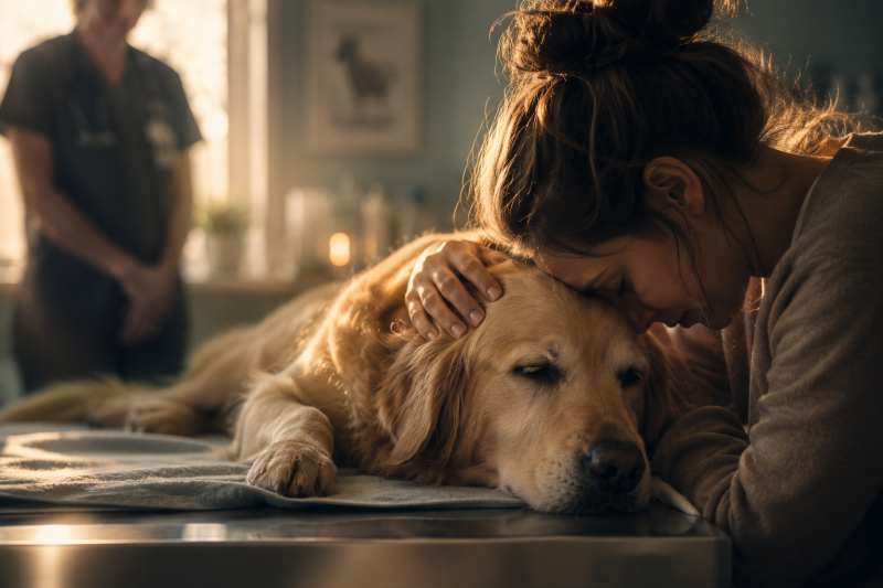 Une propriétaire enlace tendrement son chien lors du dernier rendez-vous chez le vétérinaire avant une euthanasie réalisée avec compassion.