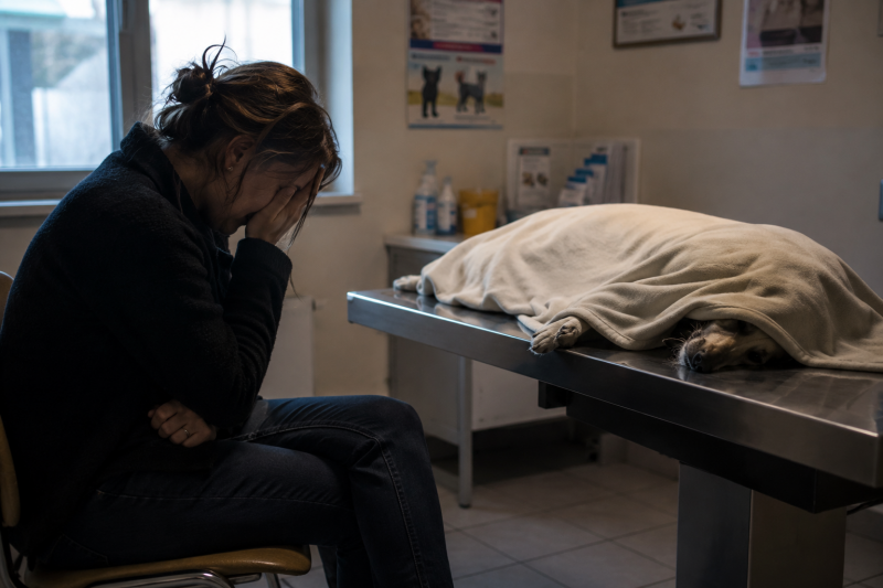 Femme en deuil chez le vétérinaire après la perte de son chien