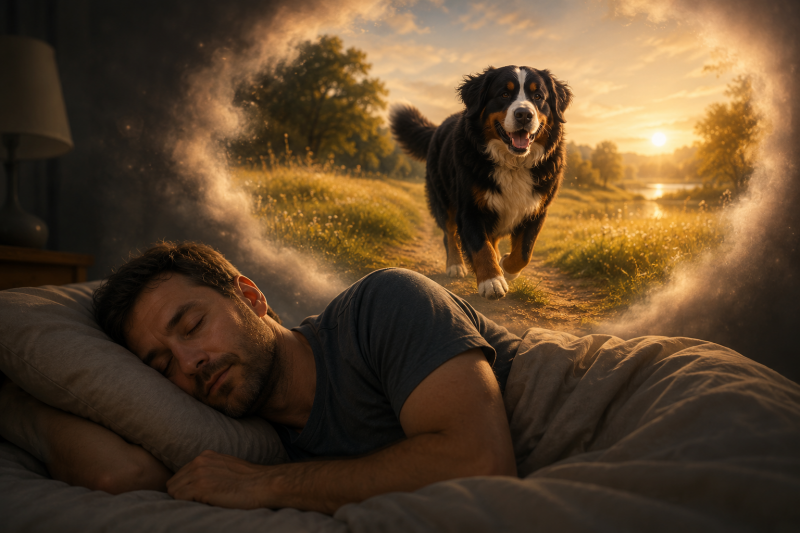 Personne endormie rêvant de son chien disparu courant librement dans un paysage lumineux.