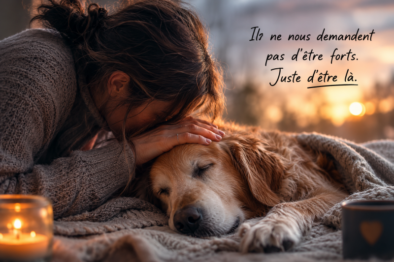 Une femme serre tendrement son chien âgé atteint d'une maladie incurable pendant une période de soins palliatifs à domicile.