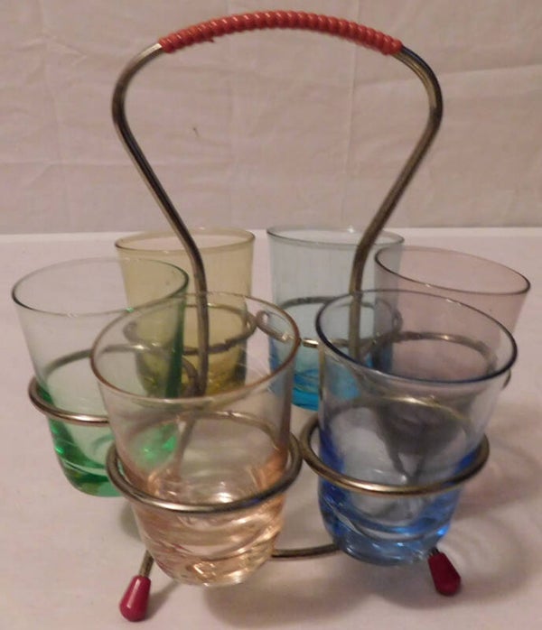 Complete set gekleurde glazen + houder