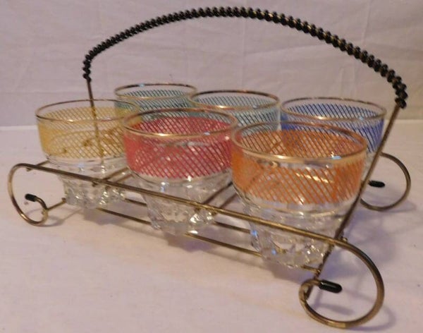 Set gekleurde Retro glazen + houder