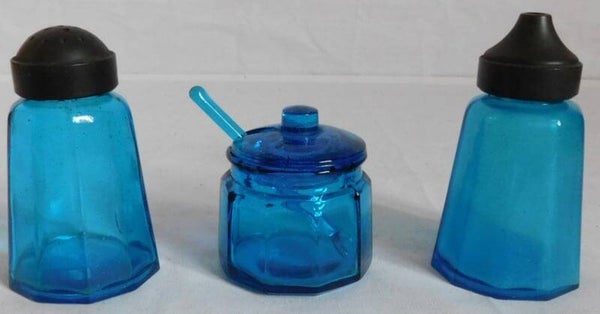Unieke blauw glazen Peper en zout, mosterd set
