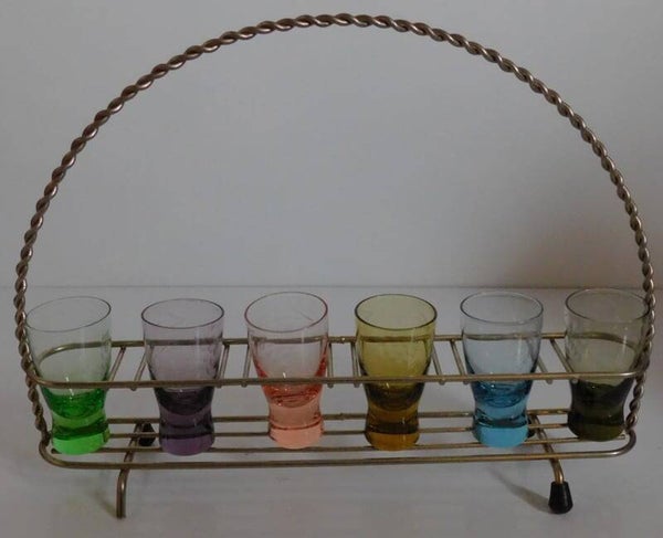 Set gekleurde retro glazen + houder