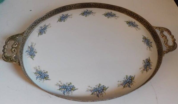 Antiek Dienblad - Serveerblad met porseleinen tegel