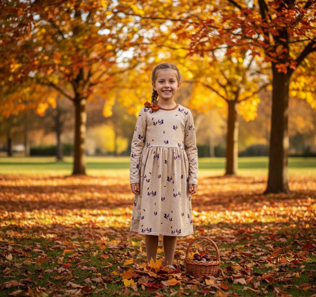 Handgenähtes Jerseykleid Mädchen | Langarm Kleid mit Eichhörnchen Print | Herbstkleid Kind | Unikat