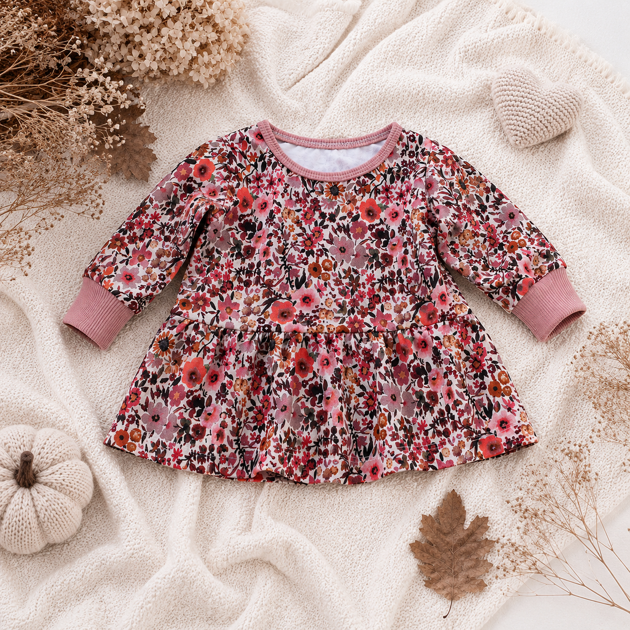 Mädchen Langarmkleid mit Blumen – Handmade Jerseykleid Herbst & Winter | Gr. 50–92