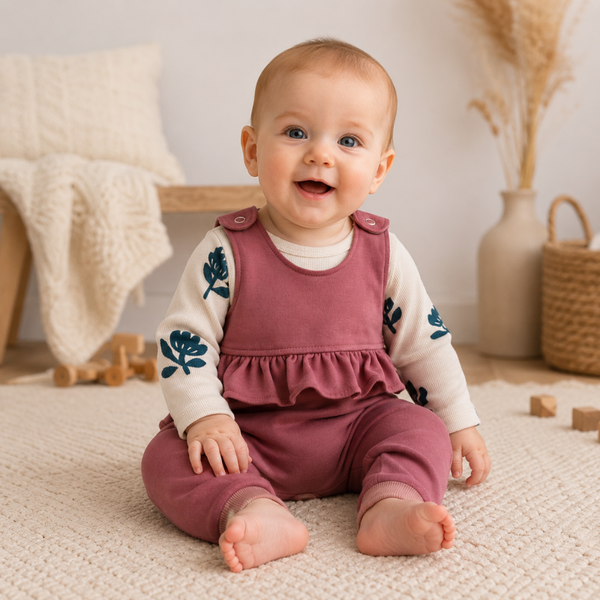 Baby Set mit Romper & Tulpenshirt – Handmade Herbst Outfit in Altrosa | Gr. 50–98