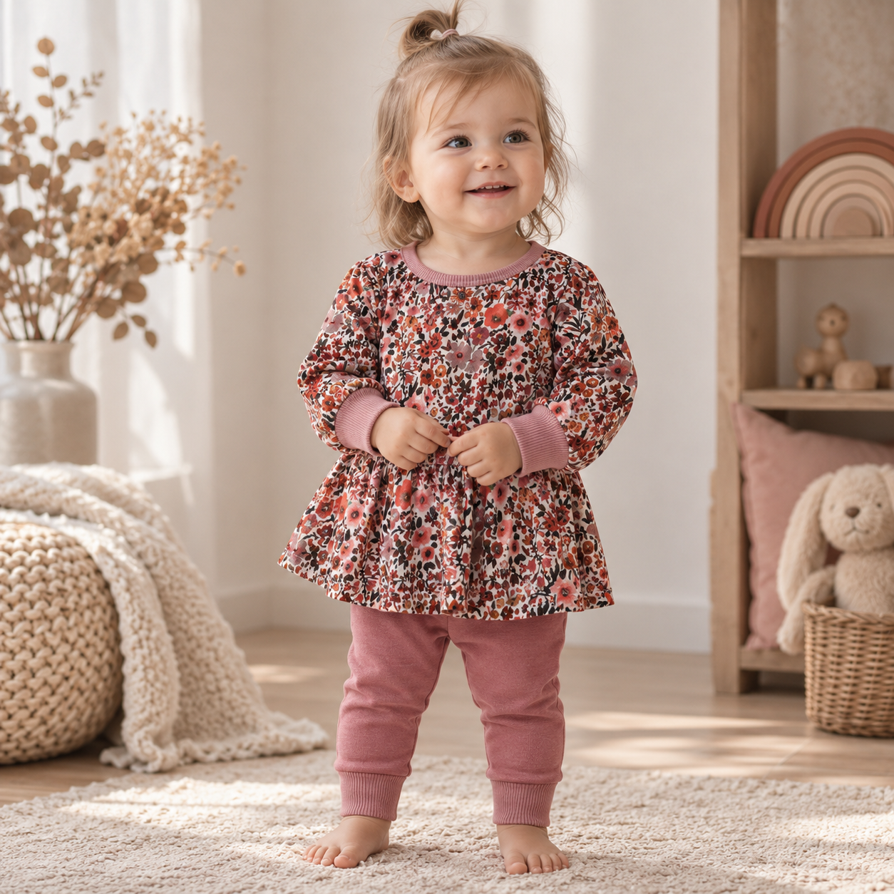 Mädchen Set mit Blumenkleid & Leggings – Handmade Herbst Outfit aus Jersey | Gr. 50–116